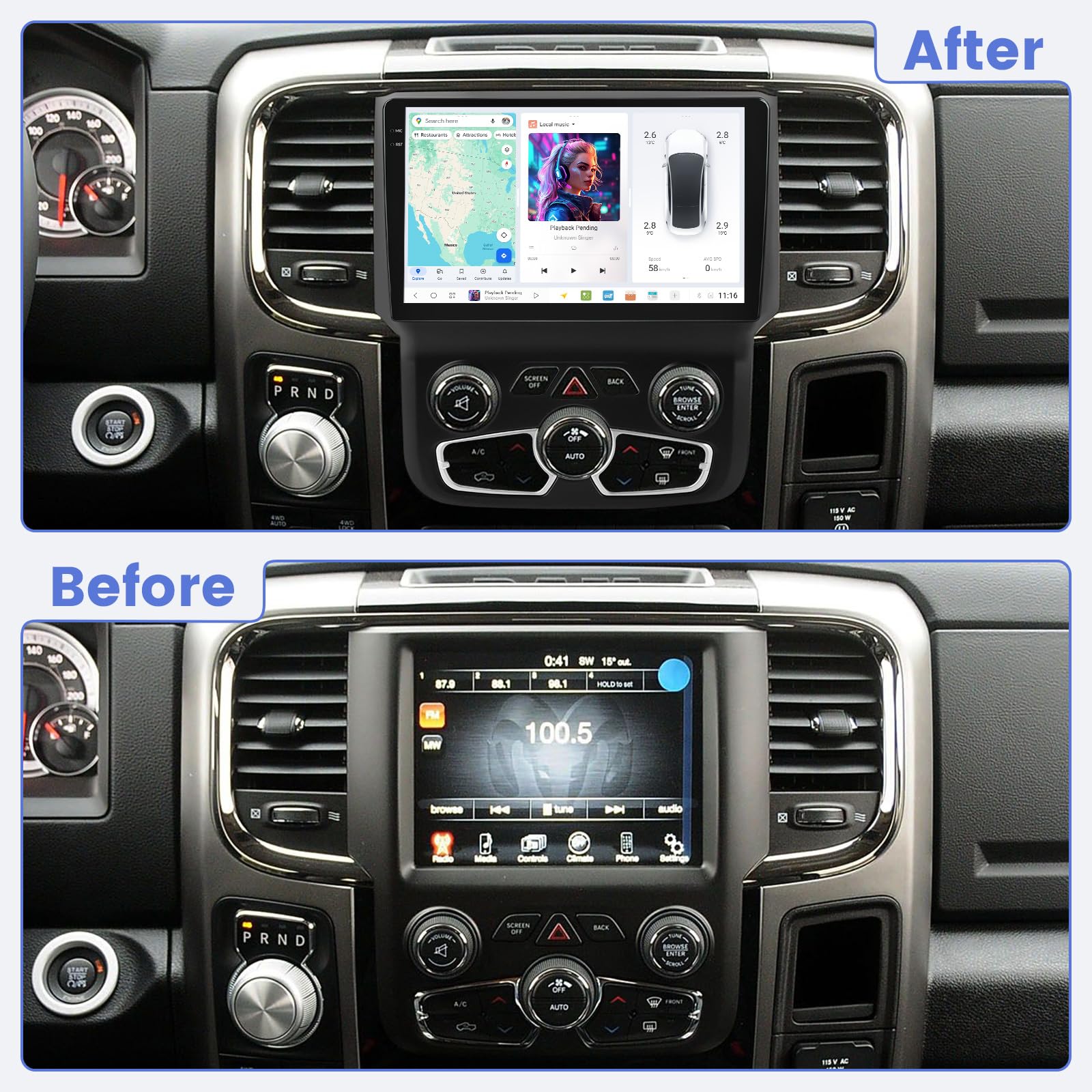 RONGJI DUDUAUTO Android Car Radio Stereo for Dodge Ram 1500 2500 3500 2013-2019 Automatic AC 8 Core 4+64GB Car Radio,9.5