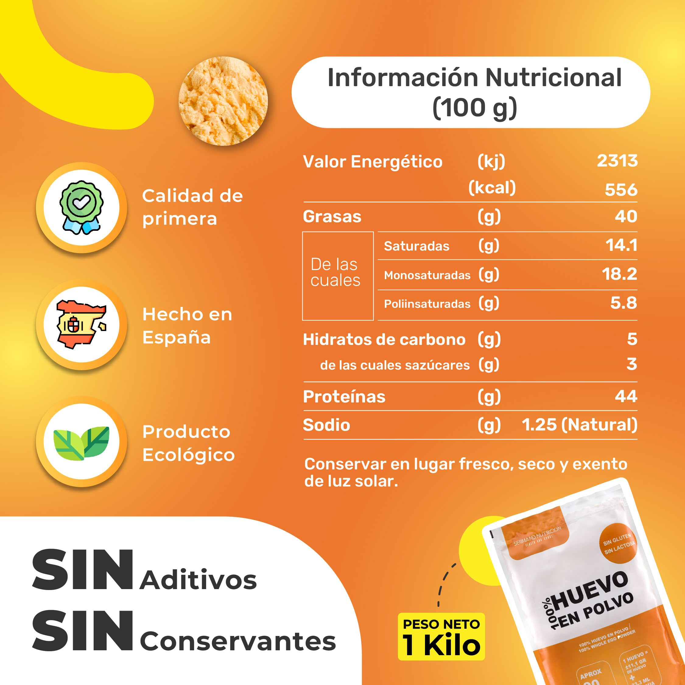Eipulver (1 kg) | Pasteurisiertes Ei ohne Gluten | Getrocknetes Vollei | Ohne Zusatzstoffe | Laktosefreies Produkt im Zip-Beutel