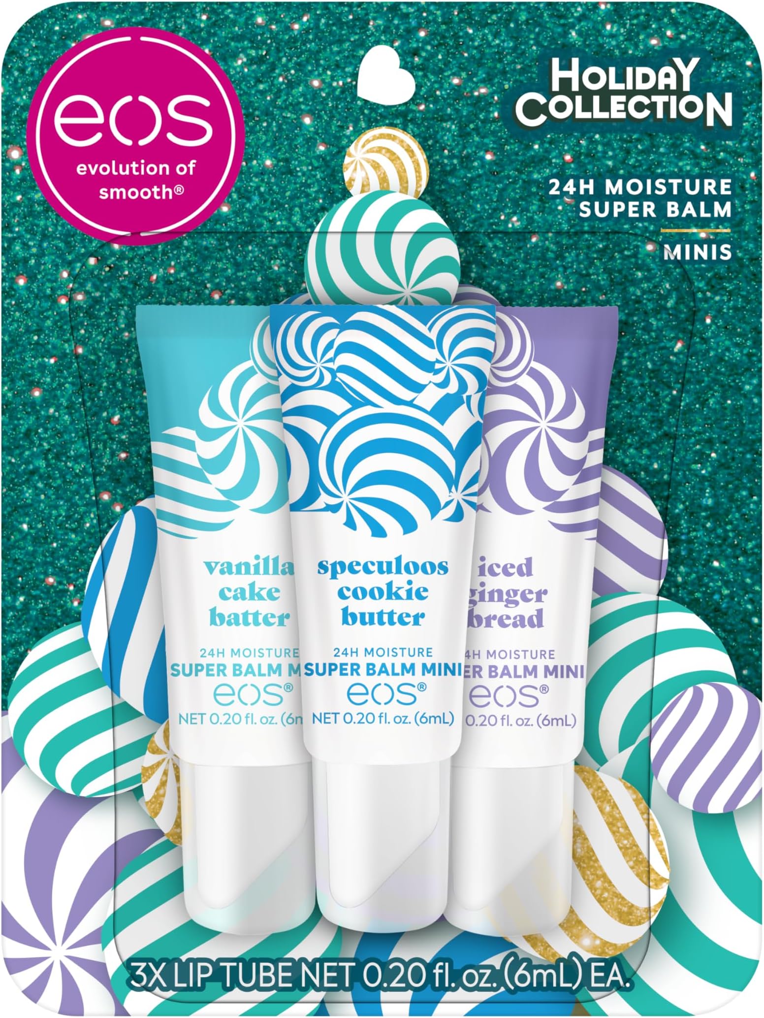 eos Holiday 24H Moisture Mini Super Balm Set- Speculoos Cookie Butter, Iced Gingerbread, Vanilla Cake Batter, Limited-Edition Lip Care, Stocking Stuffers, 0.20 fl oz, 3-Pack