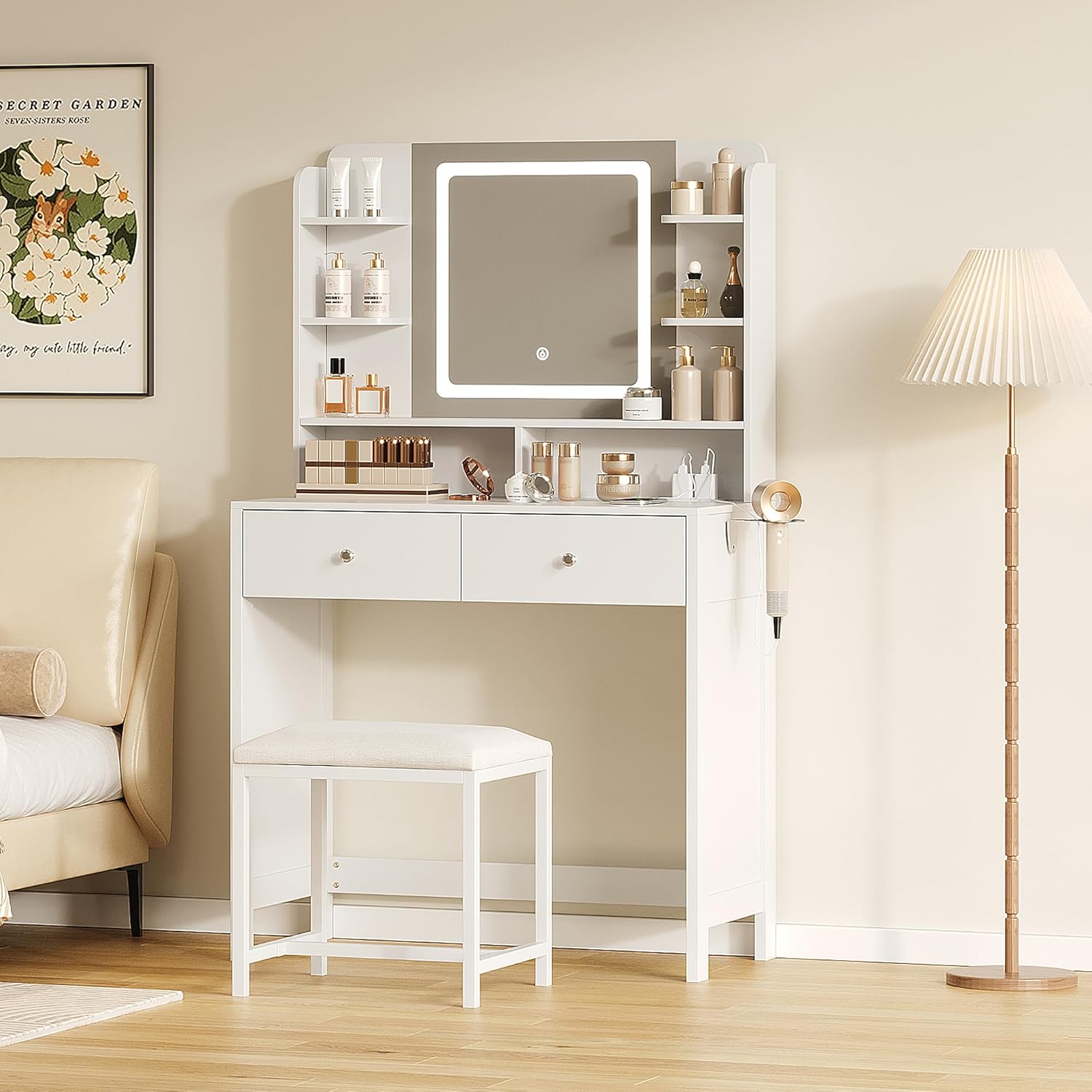 Vanity with Lighted Mirror, 8 Shelves, 2 Drawers, Charging Station, Hair Dryer Holder & Stool, LED Mirror with 3 Light Modes Modern White