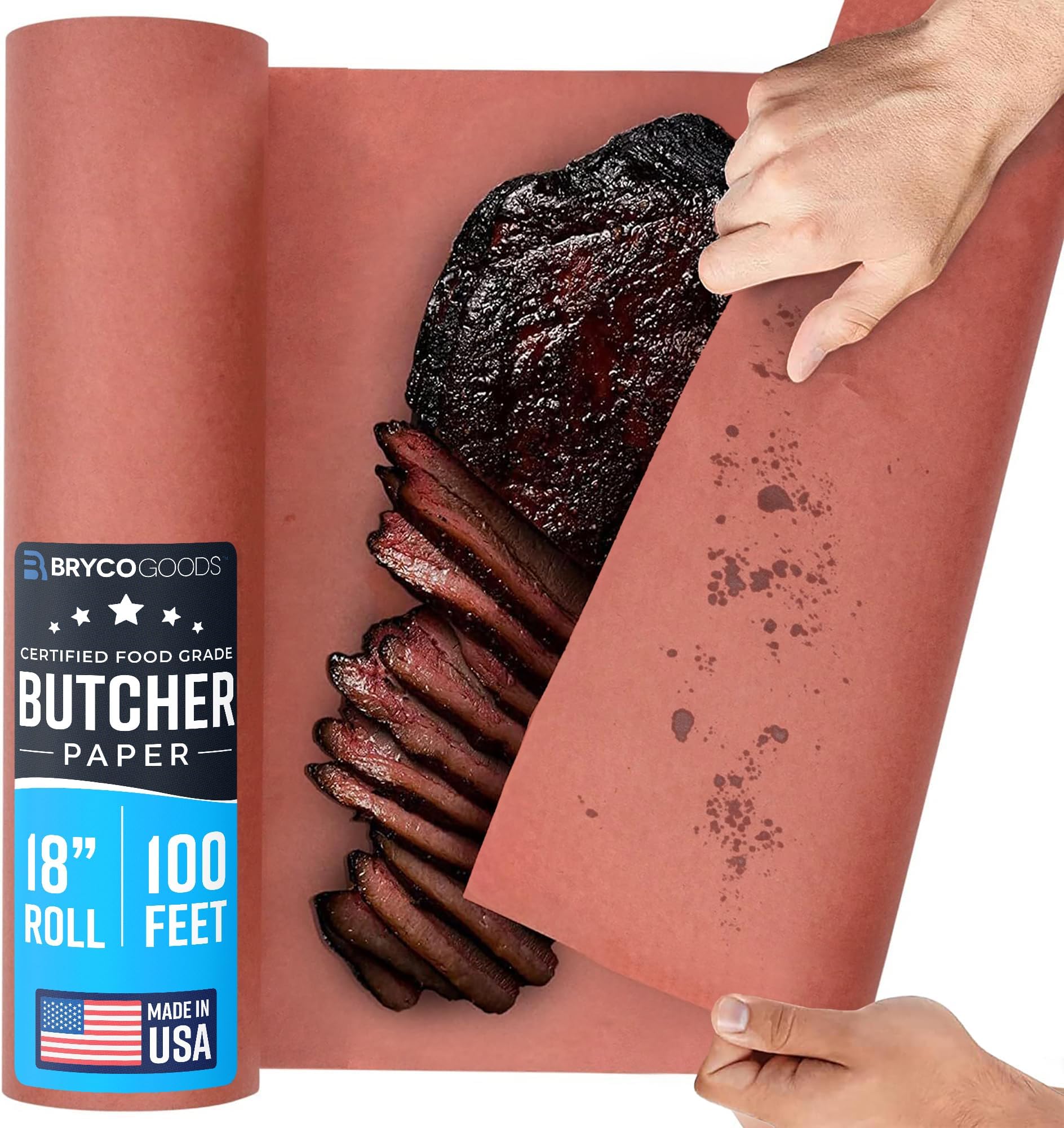 Bryco Goods Pink Kraft Butcher Paper Roll - 18 Inch x 100 Feet (1200 Inch) - Food Grade Peach Wrapping Paper for Smoking Meat of all Varieties Ð Unbleached, Unwaxed and Uncoated - Made in USA