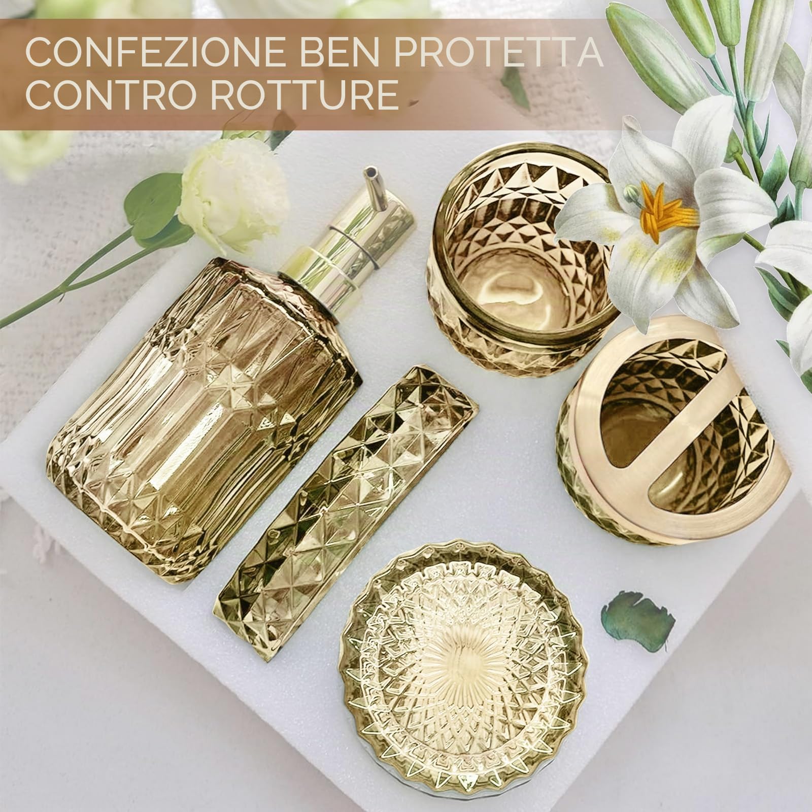 Set di accessori da bagno in oro 5 pezzi, set di accessori da bagno con dispenser per sapone in oro, portasapone, portaspazzolino, bicchiere, barattoli per bastoncini di cotone