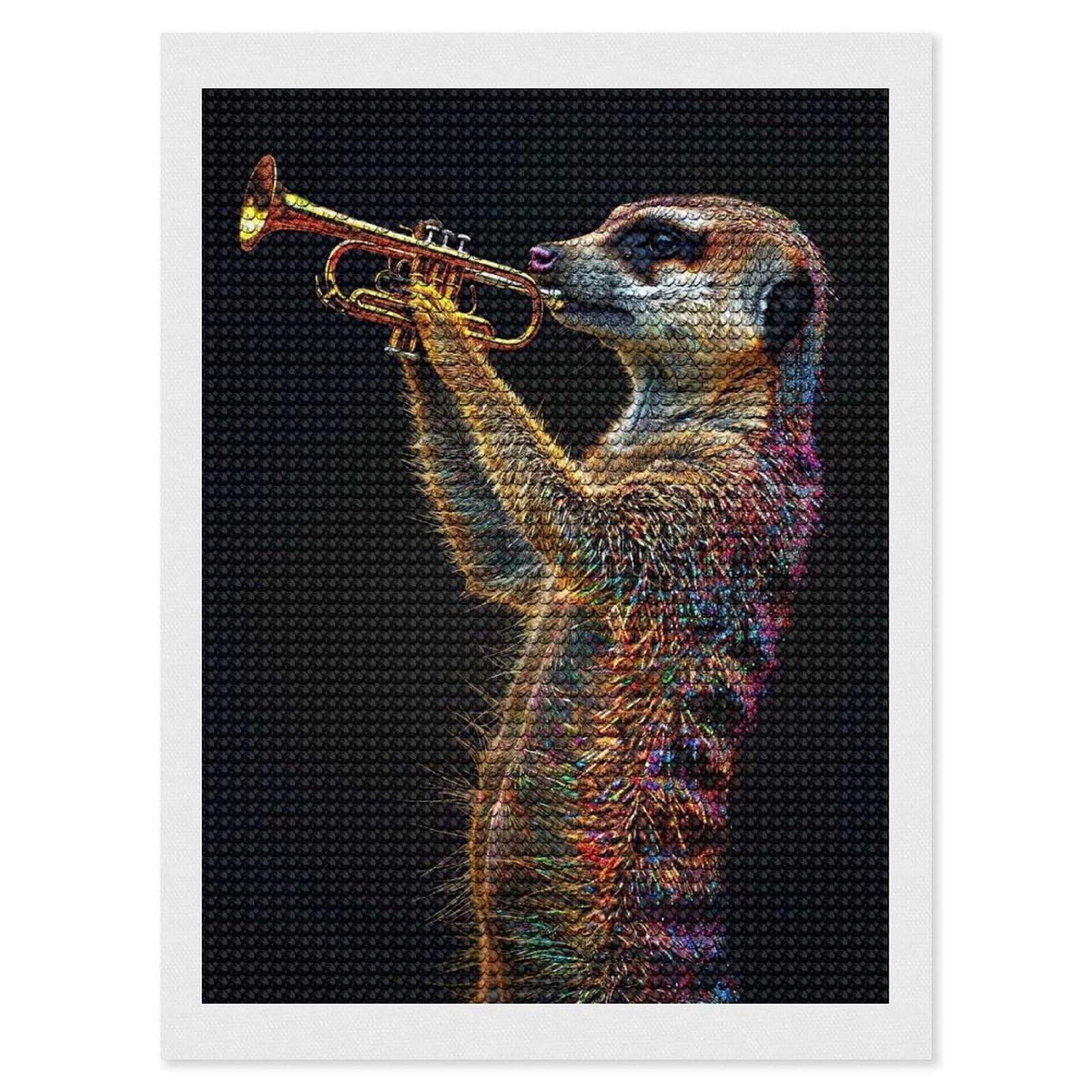 Junmoney Meerkat Trumpet Diamond Painting Set 12"x16", Holiday Gift Idea, for Creative Relaxation, Fun Craft Experience, Vintage Style Decor