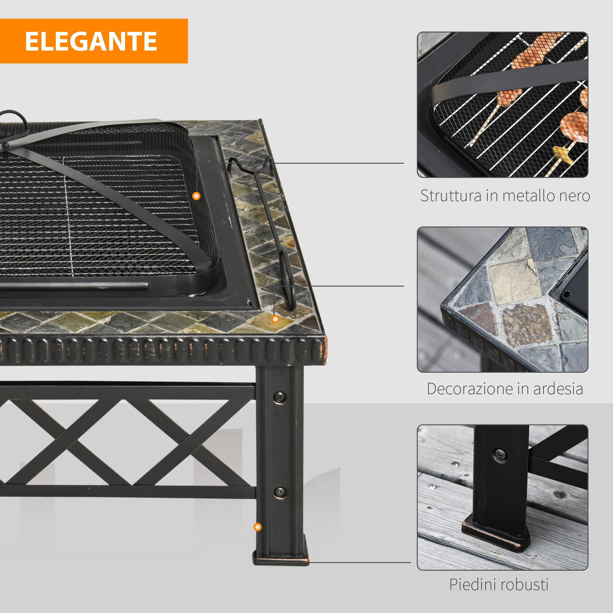 Outsunny Braciere da Giardino 76x76x47cm Nero con Coperchio Parascintille e Griglia per Barbecue