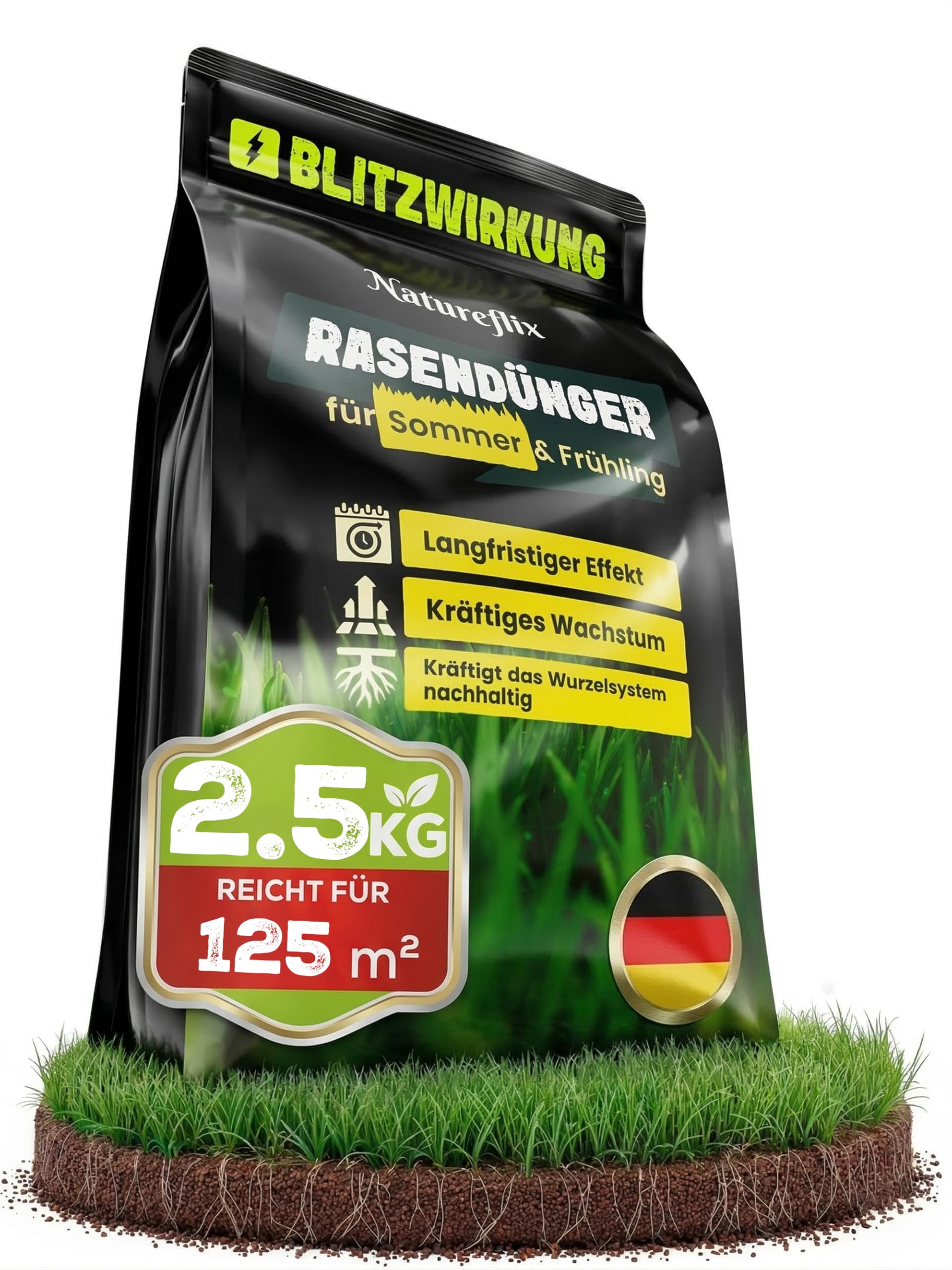Natureflix Rasendünger 2,5kg für 125m² | Langzeitdünger für dichten & sattgrünen Rasen | Premium Rasen Dünger für Frühjahr & Sommer Anwendung | Tierfreundlicher NPK Dünger