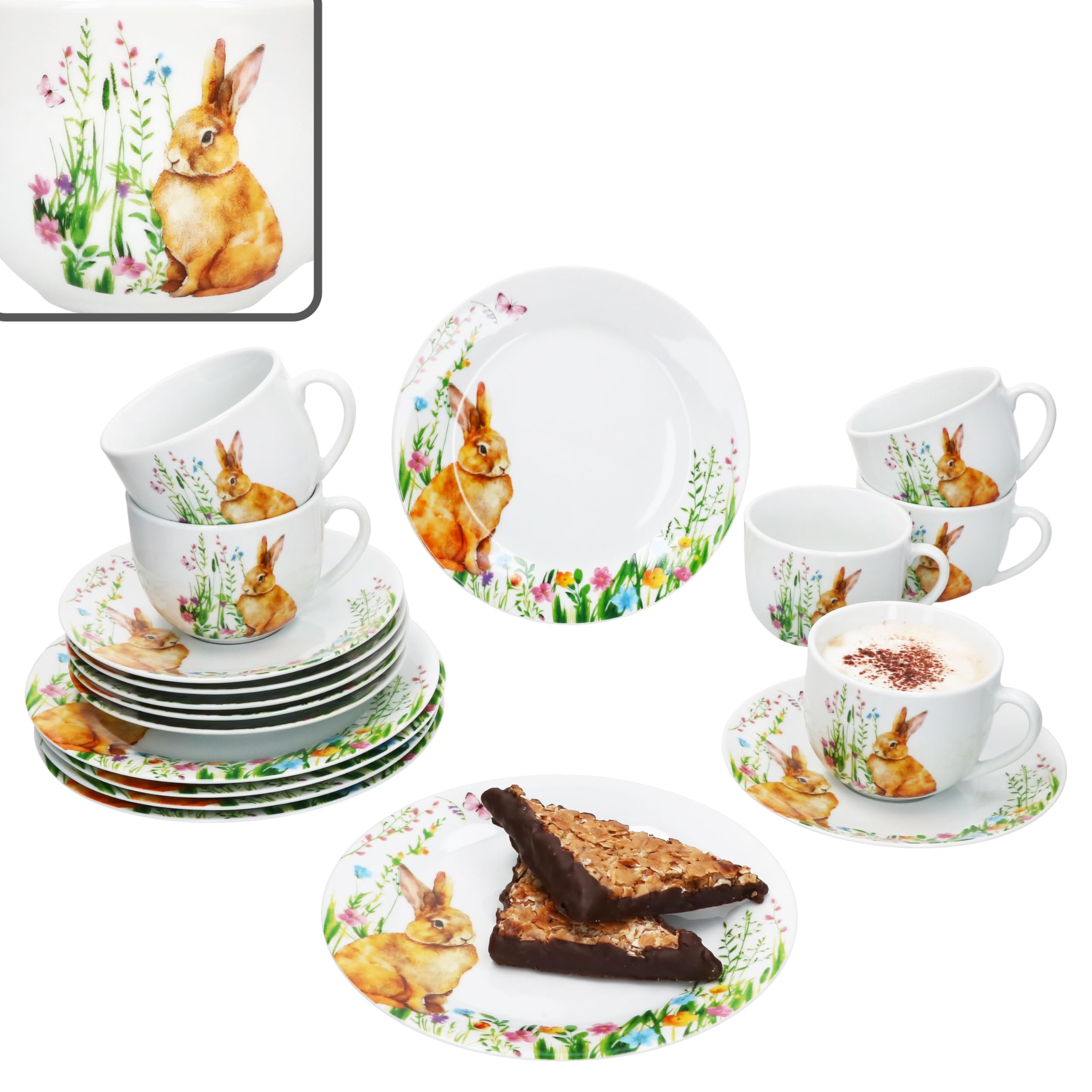 MamboCat Osterfreude Service à café 18 pièces - Vaisselle en porcelaine printanière avec décor lapin de Pâques pour 6 personnes - 6 tasses de 200 ml chacune, 6 soucoupes et 6 assiettes pour
