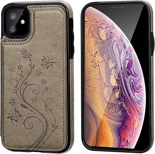 Miniatura 8 de Vaburs - Funda tipo cartera para iPhone 11 con tarjetero, diseño de mariposa en relieve de piel sintética de alta calidad, doble botones magnéticos,