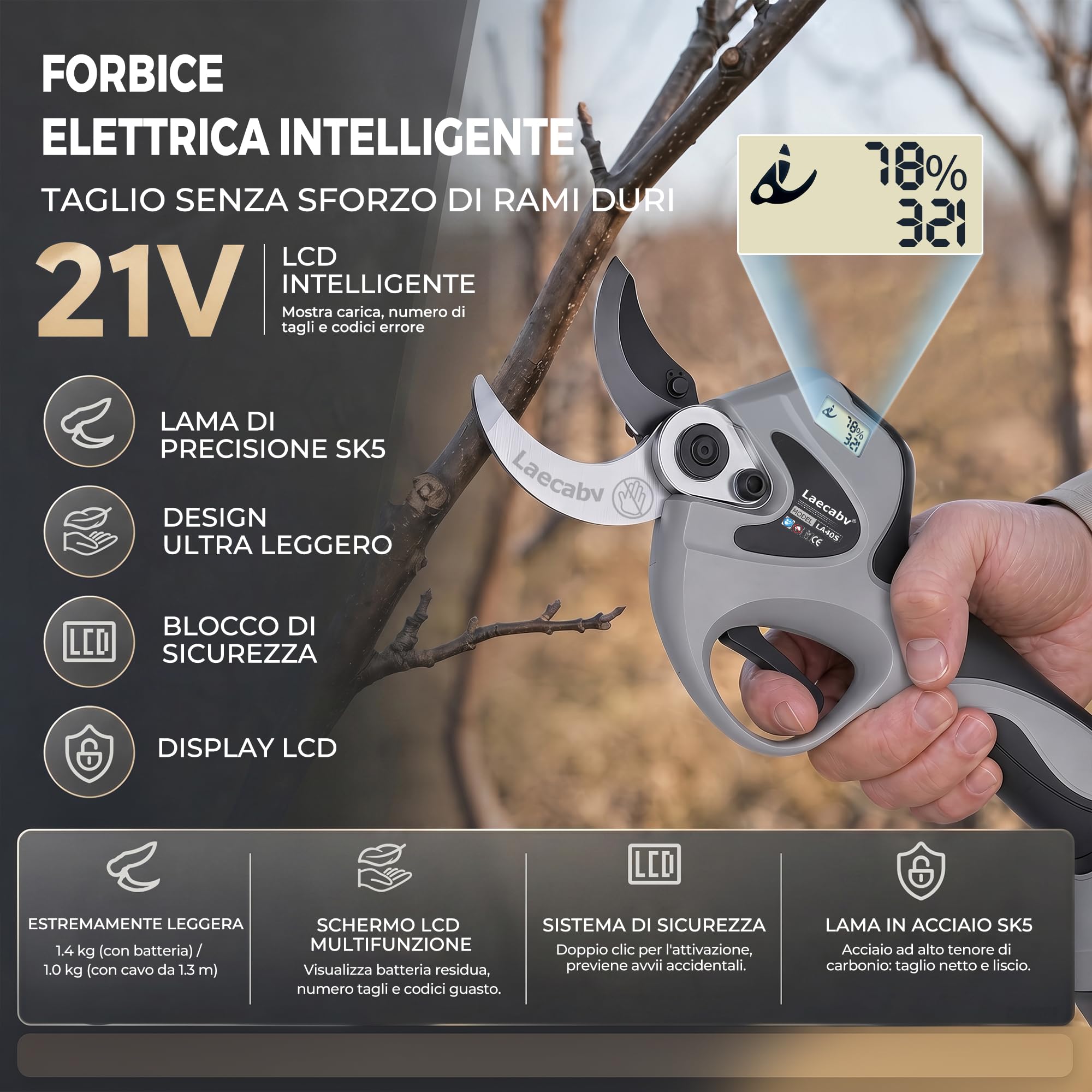 Laecabv 40mm Forbici Potatura a Batteria, Professionali, LCD,2 Batterie di Litio da 4Ah, Taglio Progressivo, Forbici Potatura Elettriche da Cesoie Olivo Vigneto (LA40SGYBK)