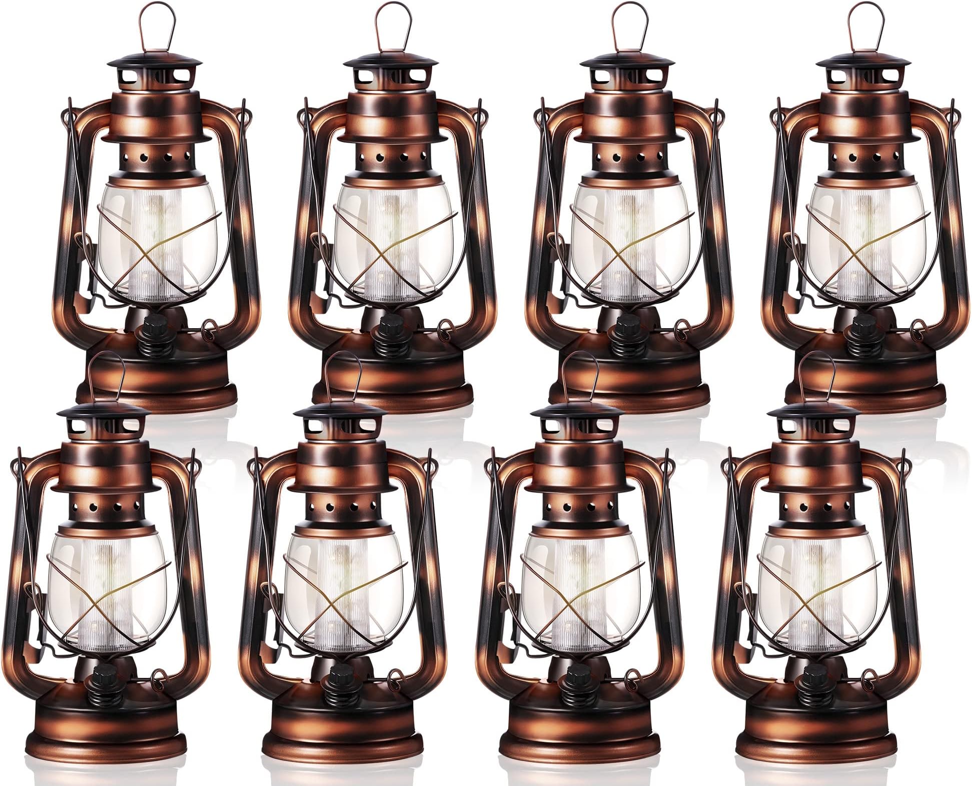 Hortsun 8 Pcs 8 In Vintage LED Hurricane Lanterns Battery Operated Dimmer | Warm Light for Camping Outdoor Indoor, Hanging Design for Patio Garden, Emergency Backup, Decorative Rustic Ambiance