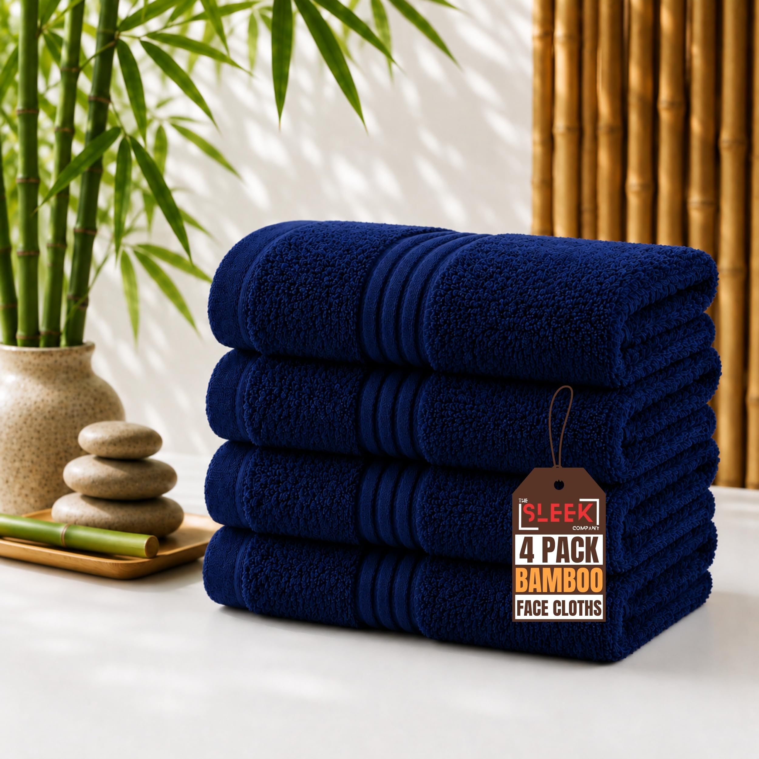 Luxury 700 GSM Bamboo Face Cloths (33x33 cm) – Pack of 4 – Soft, Hypoallergenic & Antibacterial Wash Cloth – Absorbent & Quick Dry Face Towels – Ideal for Home, Hotel, Gym, Skincare & Spa (Navy Blue)