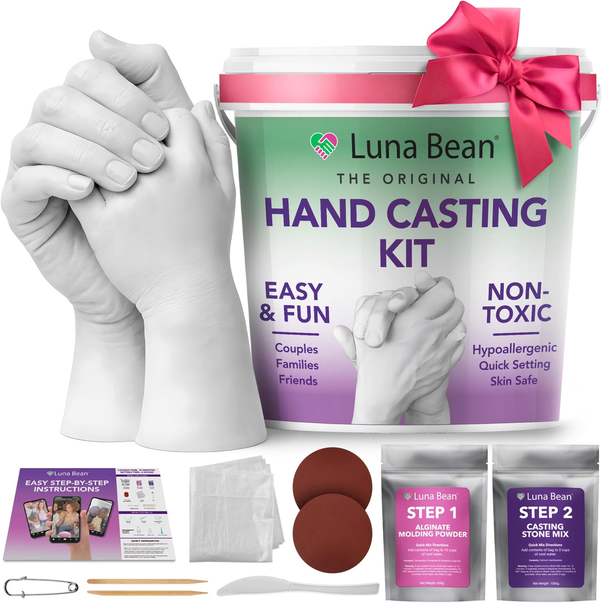 Luna Bean Hand Casting Kit Keepsake - Large Plaster Statue Mould Set Holding Hand Crafts for Couples, Adults and Kids, Wedding, Friends, Anniversary
