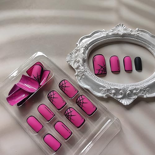 Miniatura 2 de Uñas postizas cuadradas a presión rojas, uñas postizas cortas de acrílico con diseños de telaraña, uñas adhesivas mate de cobertura completa, uñas