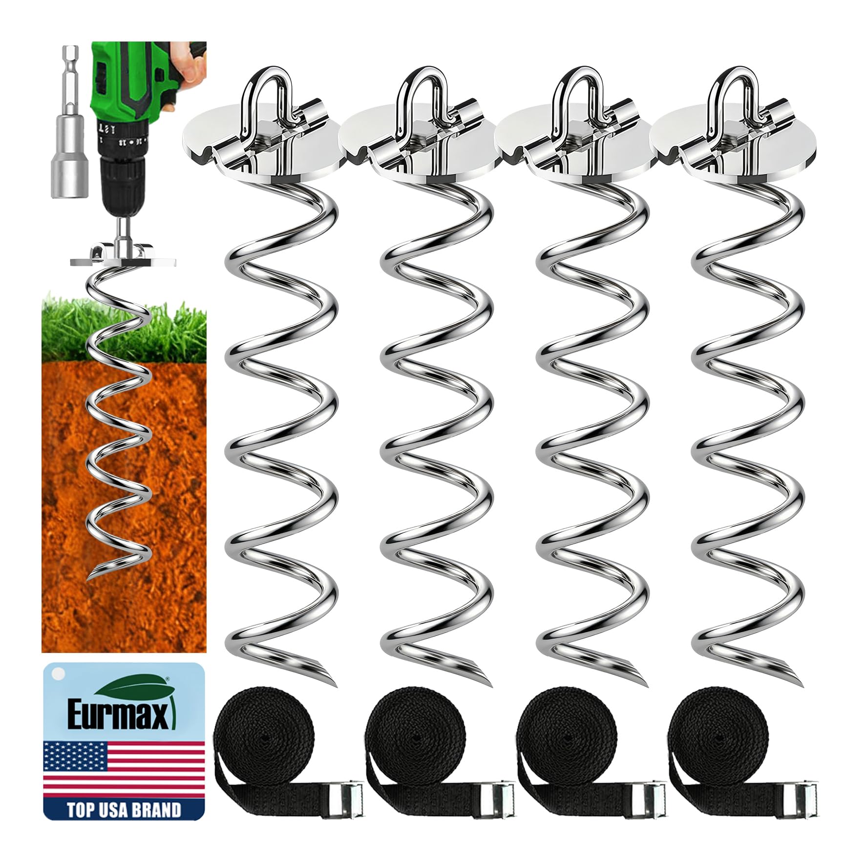 Eurmax USA 4-Pack Spiral Ground Stakes,Anti-Rust High Wind Trampoline Stakes Anchors,Heavy Duty Screw-In Anchor Kit with Tie Down Straps for Dog Tie-out,Trampoline,Tents,Tarps,Carports and more,Silver