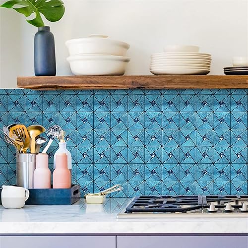 Miniatura 4 de HomeyMosaic Azulejos de 10 hojas para despegar y pegar en muro de cocina, chimenea, baño, molino de viento, vidrio en azul pulido