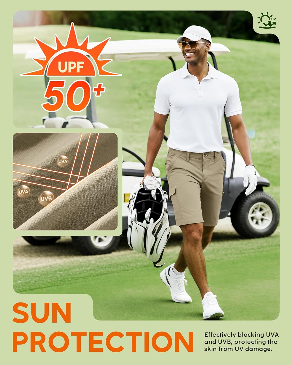 33,000ft Men's Golf Shorts 10" Inseam with Zipper Pocket Lightweight Quick Dry Stretch Hiking Cargo Shorts for Travel Fishing