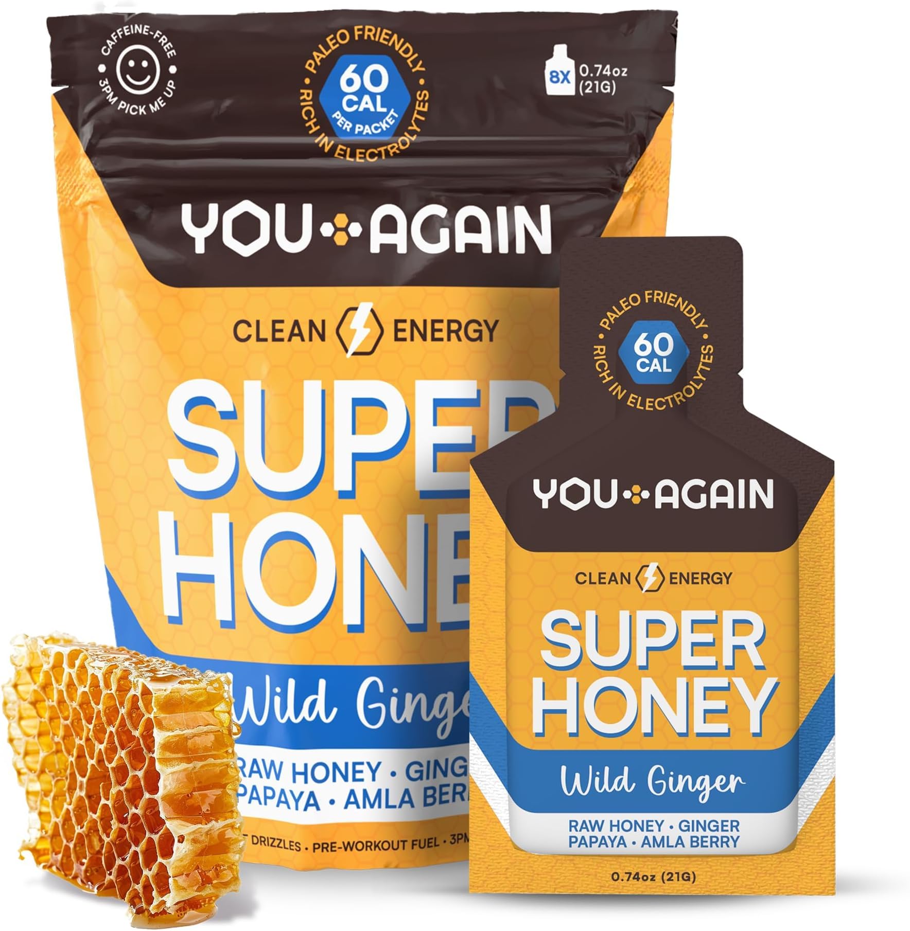 You Again Super Honey Wild Ginger Packets | Workout Clean Energy Gel Packs | Cycling, Endurance, Running Gel or Energy Snack | Paleo & Carnivore Snack | Gluten-Free | Made in USA | 8 Pack
