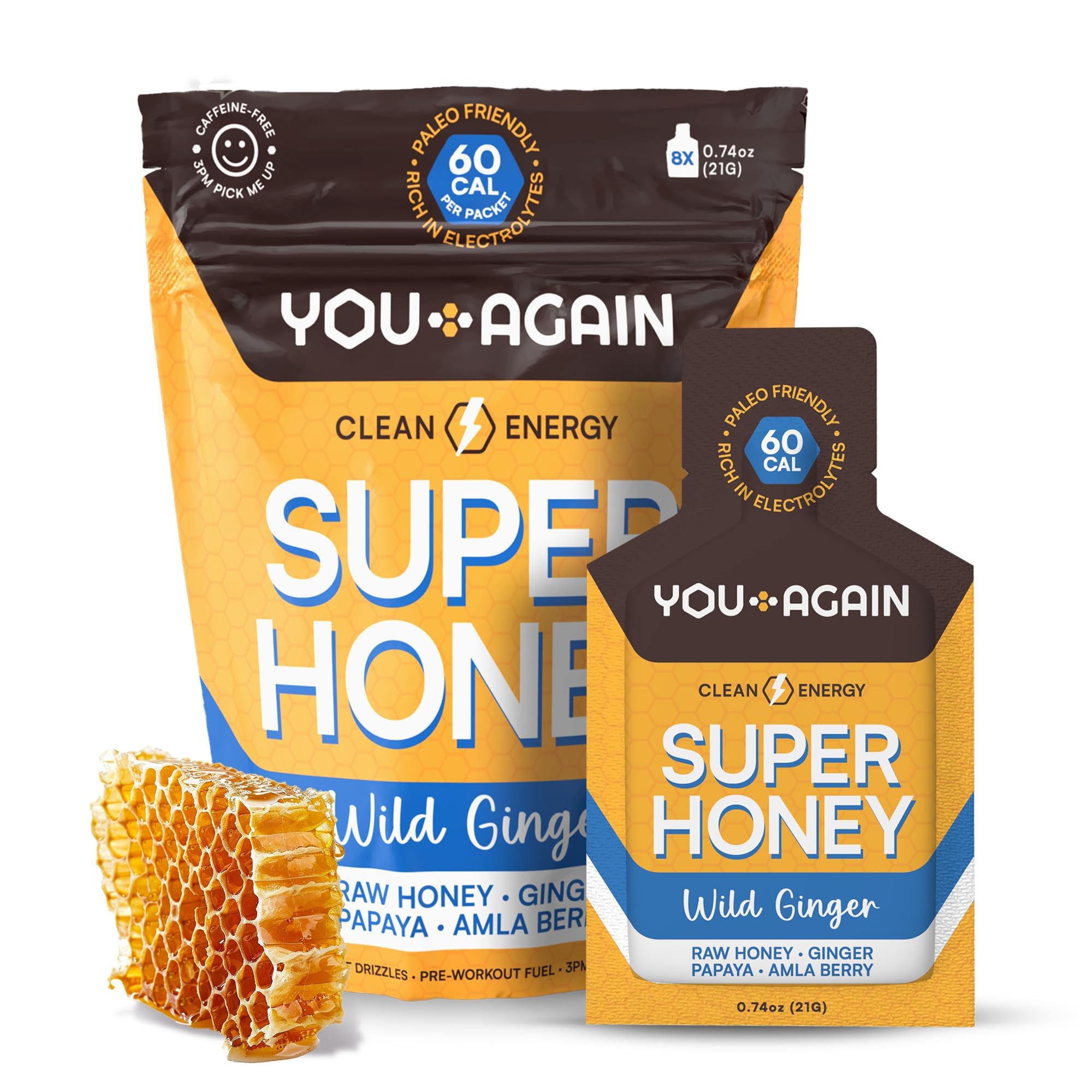 You Again Super Honey Wild Ginger Packets | Workout Clean Energy Gel Packs | Cycling, Endurance, Running Gel or Energy Snack | Paleo & Carnivore Snack | Gluten-Free | Made in USA | 8 Pack