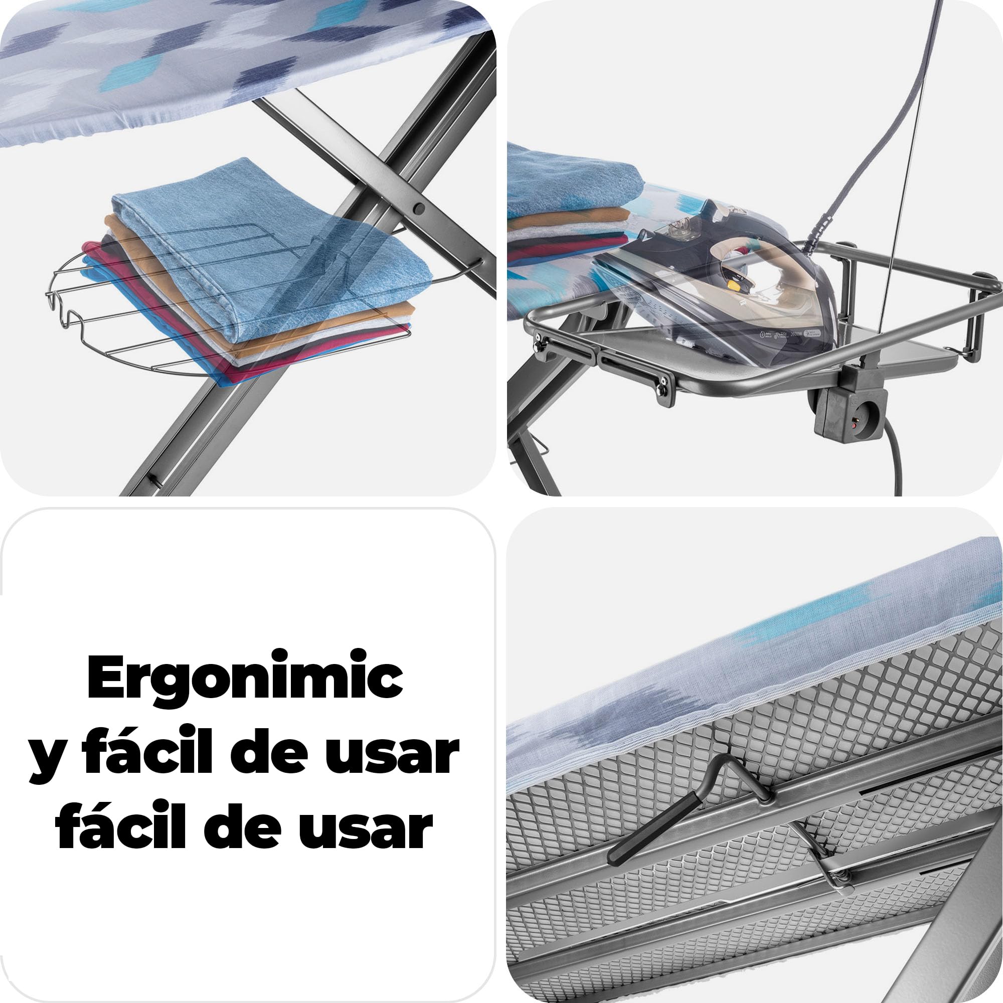 KADAX Tabla de Planchar Plegable con Enchufe, Altura Regulable, Funda Removible, Mesa para Planchar Mangas y Soporte para Plancha y Cable (Azul Claro)