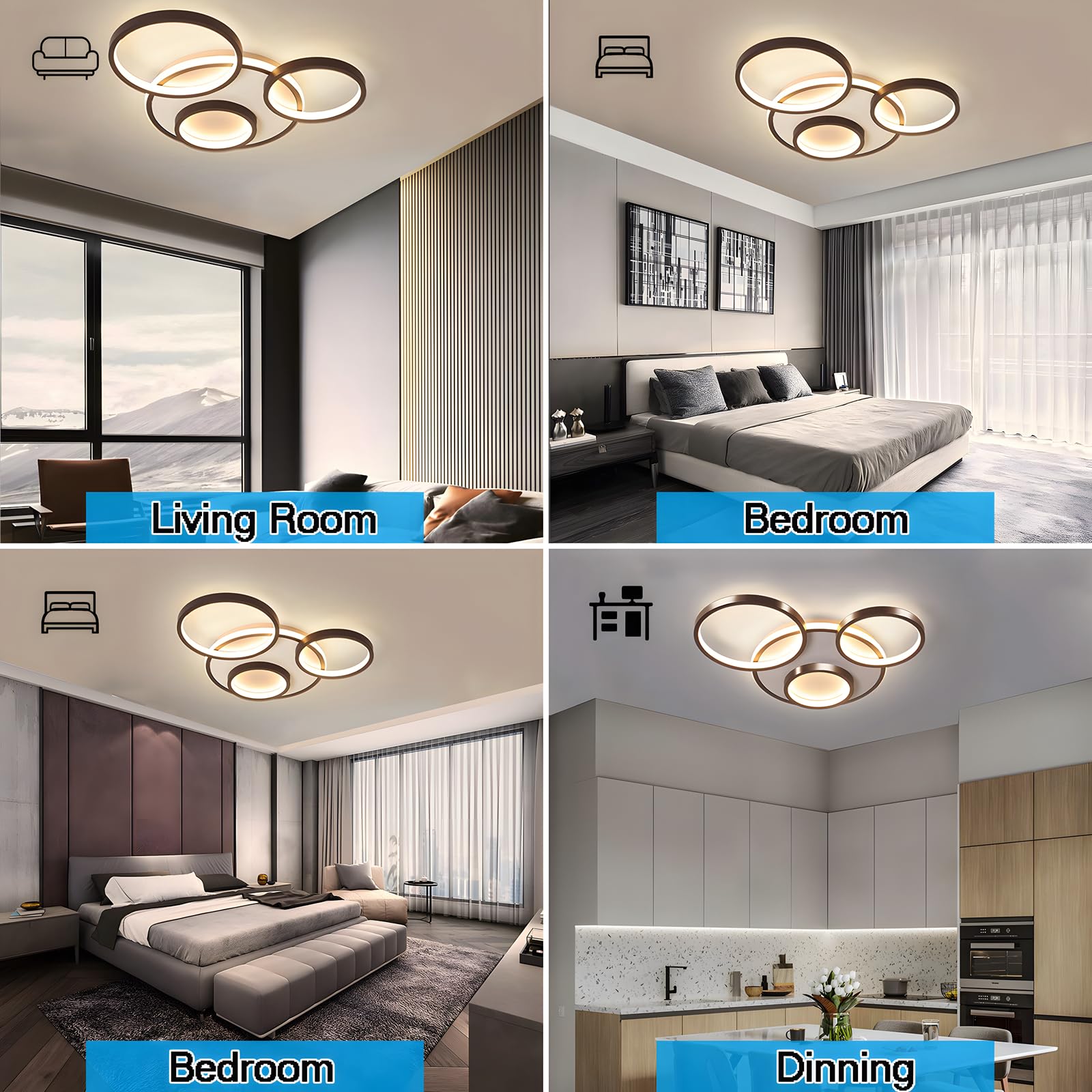 Nowoczesna LED Lampa Sufitowa, Ø53cm Czarna Lampa Multi Circle, 42W Płynną Regulacją Ściemniania 3000-6000K, Okrągły Metalowy Żyrandol + Akrylowy Żyrandol, Sypialnia Salon (4 Pierścienie)