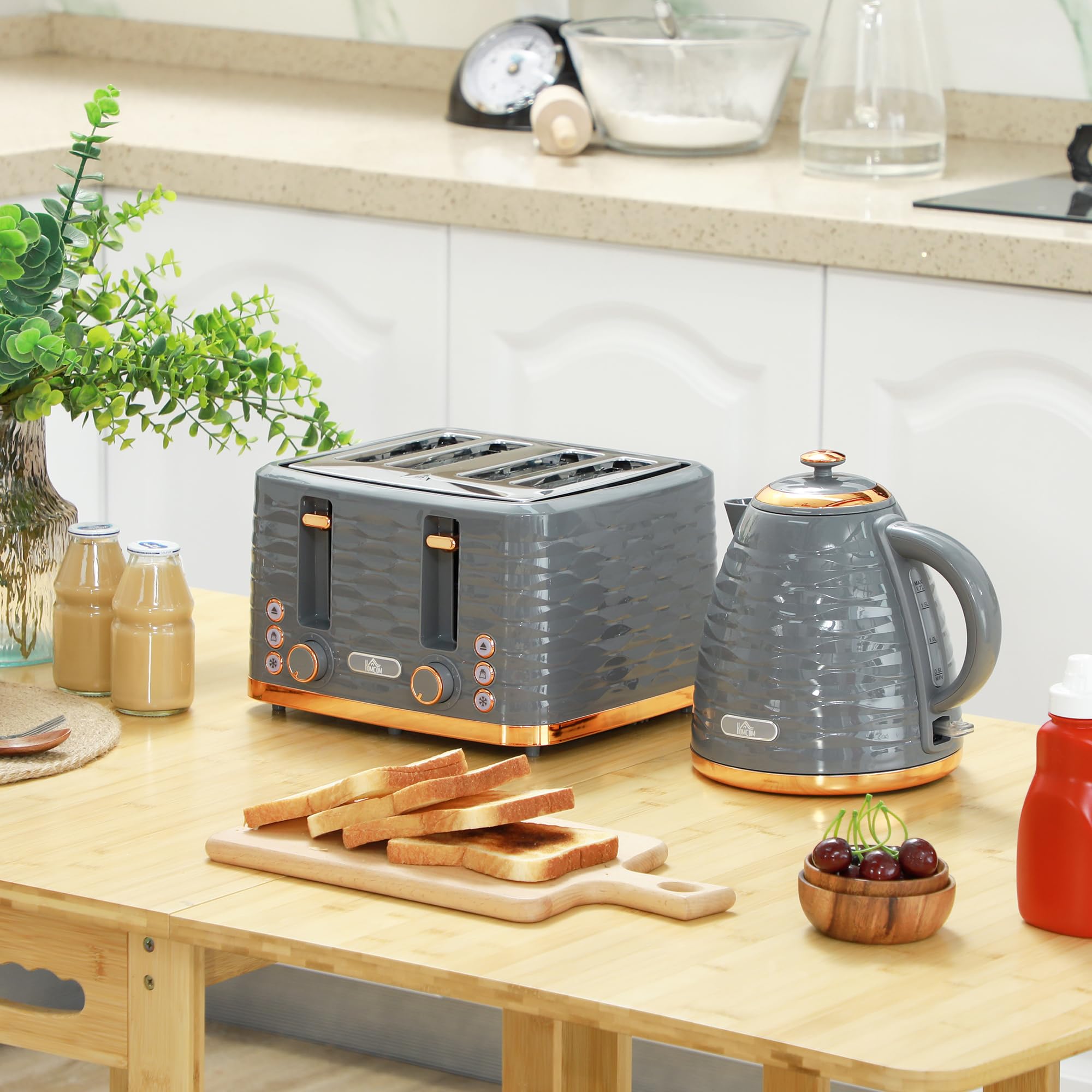 HOMCOM Wasserkocher Toaster Set 1,7L 4 Scheiben 2200W 7 Bräunungsstufen Grau
