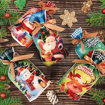 Ahfulife 48Pcs Christmas Candy Bags, 8 Style XMAS Drawstring Candy Bags Merry Christmas Sweets Treat Bags, Treat Gift Bags Sweets Biscuit Xmas Party Gift Supplies for Kids Home Party Decorations