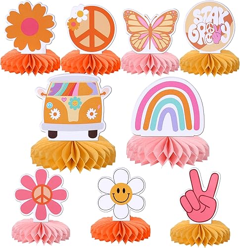 9 piezas hippie para fiesta de panal, centro de mesa, letrero de la paz, mariposa, dasiy, flor, autobús de los años 60, retro, bohemio, dos