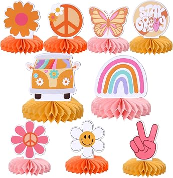 9 PCS Hippie Party Honeycomb Table Centerpiece Peace Sign Hand Butterfly Dasiy Flower 60s Retro Boho Two Groovy Table Toppers Centerpieces Decorations for Hippie Carnival Birthday Party Supplies