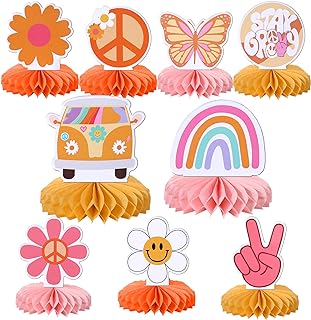 9 PCS Hippie Party Honeycomb Table Centerpiece Peace Sign Hand Butterfly Dasiy Flower 60s Retro Boho Two Groovy Table Toppers Centerpieces Decorations for Hippie Carnival Birthday Party Supplies
