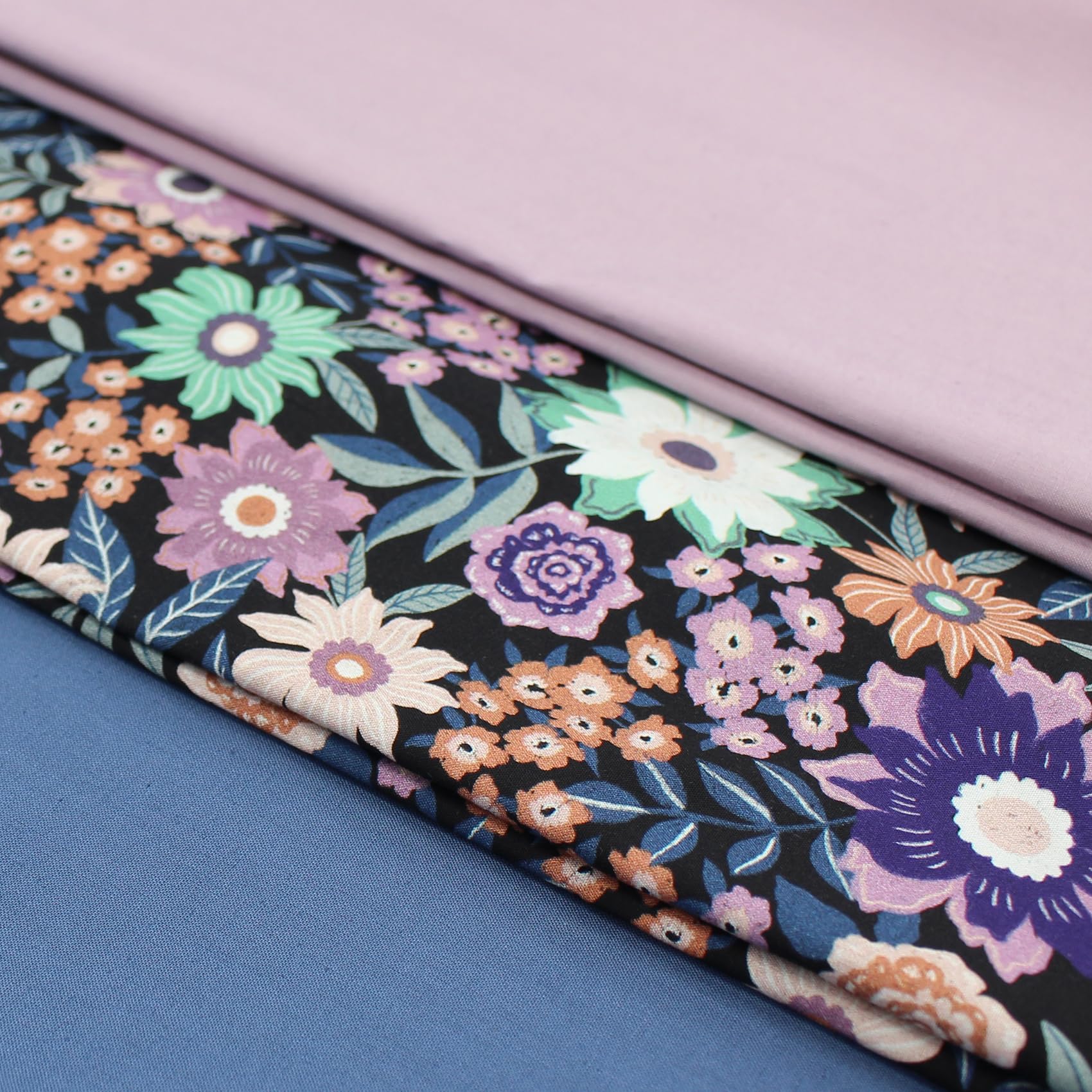 VmG-Store 1.5 m Cotton Fabric Set Design Fabric + 2 x Plain Colour Coordinated 100% Cotton Material Selection (Flower Black Set29) - Image 2