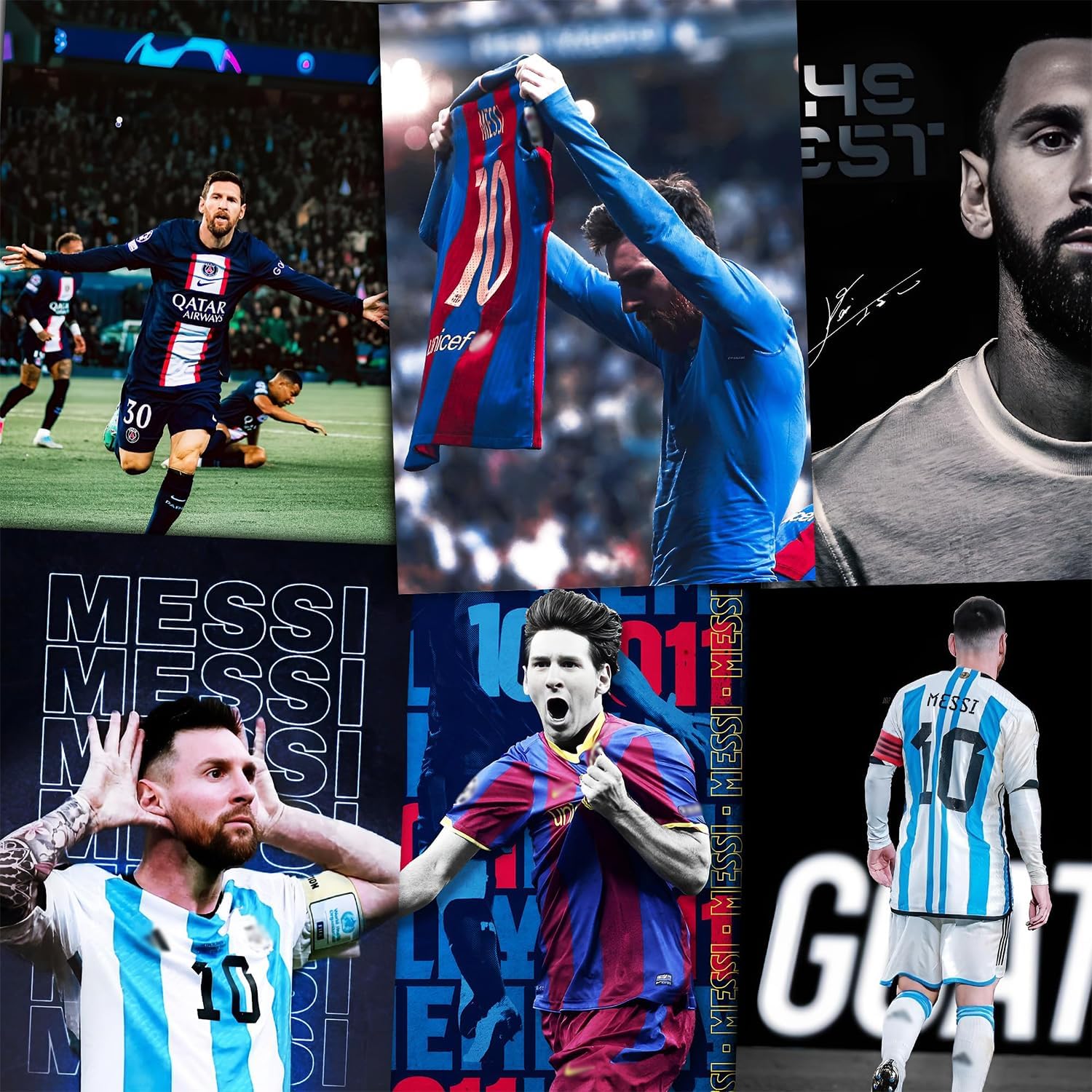 Wallgasm Messi Posters | Set of 6, 8x12 inch (A4 Size) 300 GSM | Lionel Messi Posters | GOAT Poster | Football Poster | La Pulga Atomica | Messi Poster Set | Posters Wall Art For Bedroom, Living room