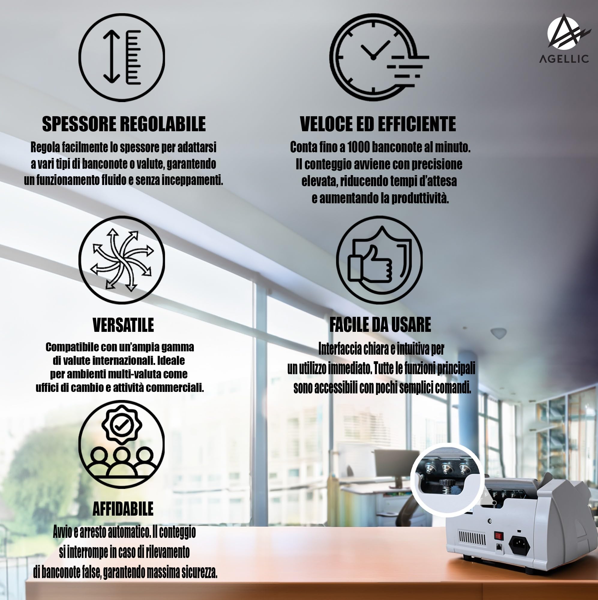 Conta Banconote | Macchina Conta Soldi Professionale | Rilevatore Banconote False 3-Fold | 1000 Banconote/min | Verifica Banconote e Controllo Soldi Falsi | Incl. Pennarello Banconote