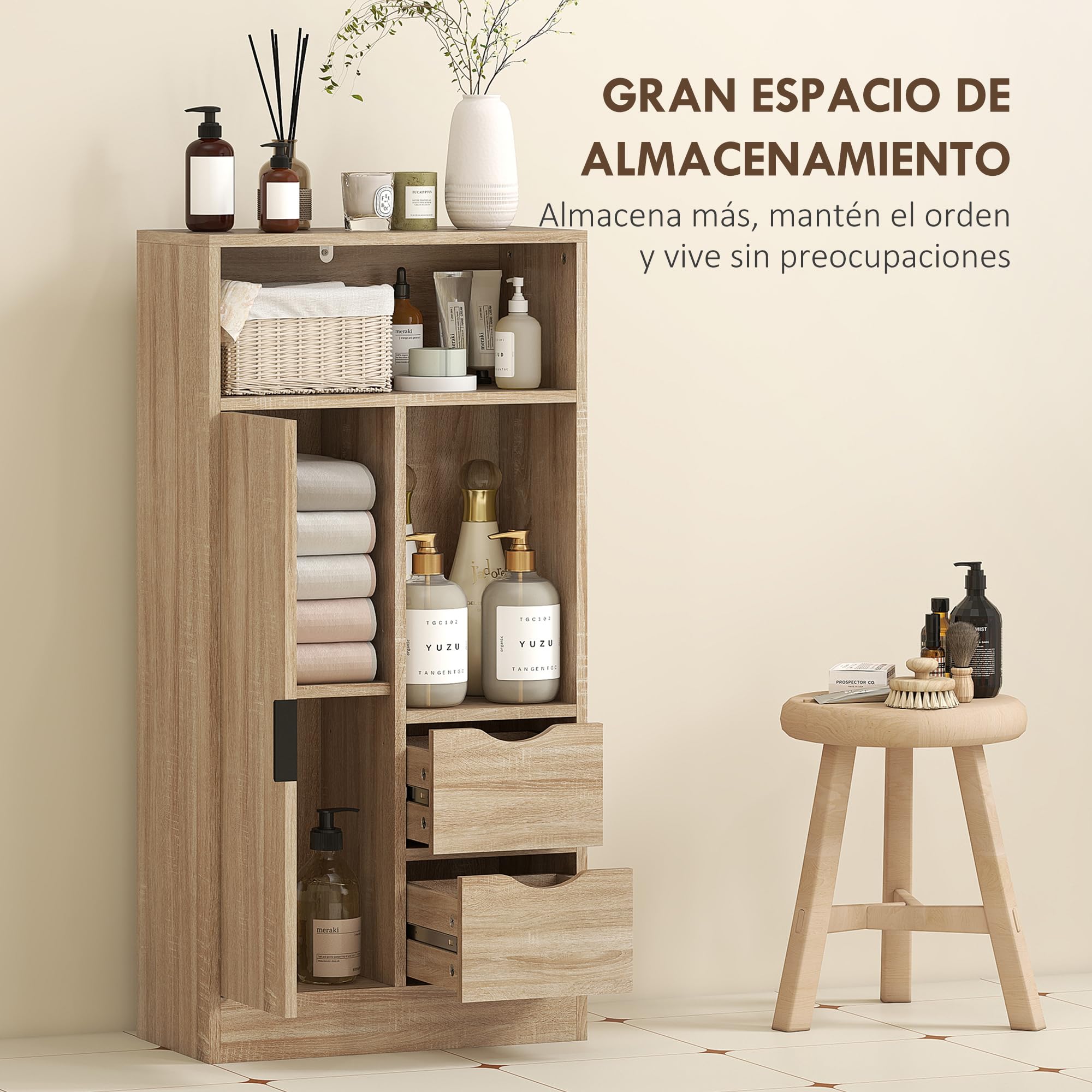 HOMCOM Mueble de Baño Estrecho con 2 Cajones 50x25x100 cm Natural | Armario de Baño, Compartimento Abierto, Estantes Ajustables, para Espacio Pequeño, Cocina, Salón