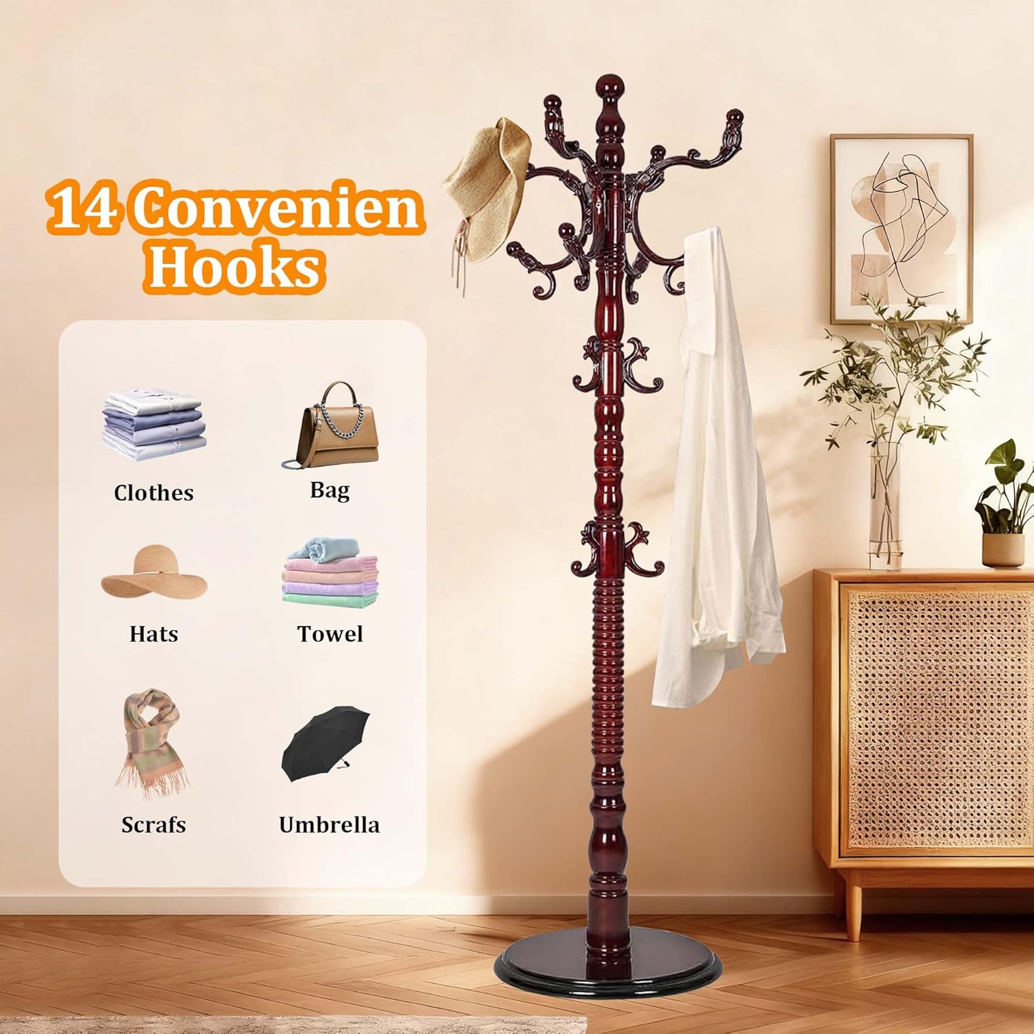 Modern Wooden Coat Rack Heavy Duty Solid Wood Freestanding Coat Racks Stand Adjustable Height 37.4’’-72.83’’ with 14 Hooks and Sturdy Round Base Coat Tree for Living Room, Bedroom