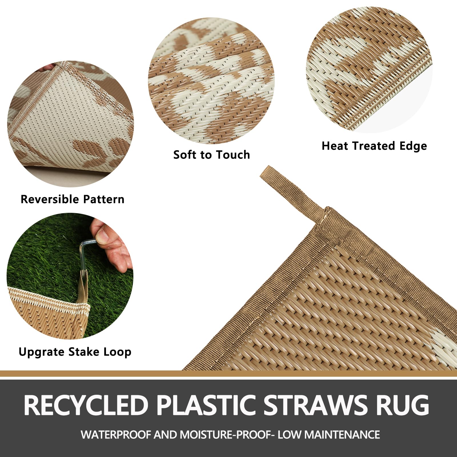 Capslpad Tappeto da campeggio da esterno beige, impermeabile, in plastica, reversibile, bohémien, floreale, balcone, pieghevole, con borsa per il trasporto, per patio, panca, picnic, portico
