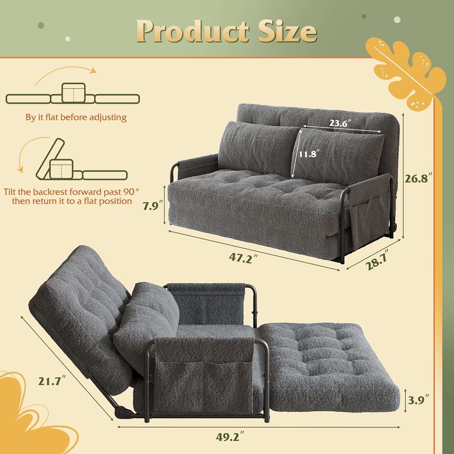 Image showing the unboxing process and the futon expanding over 48 hours.