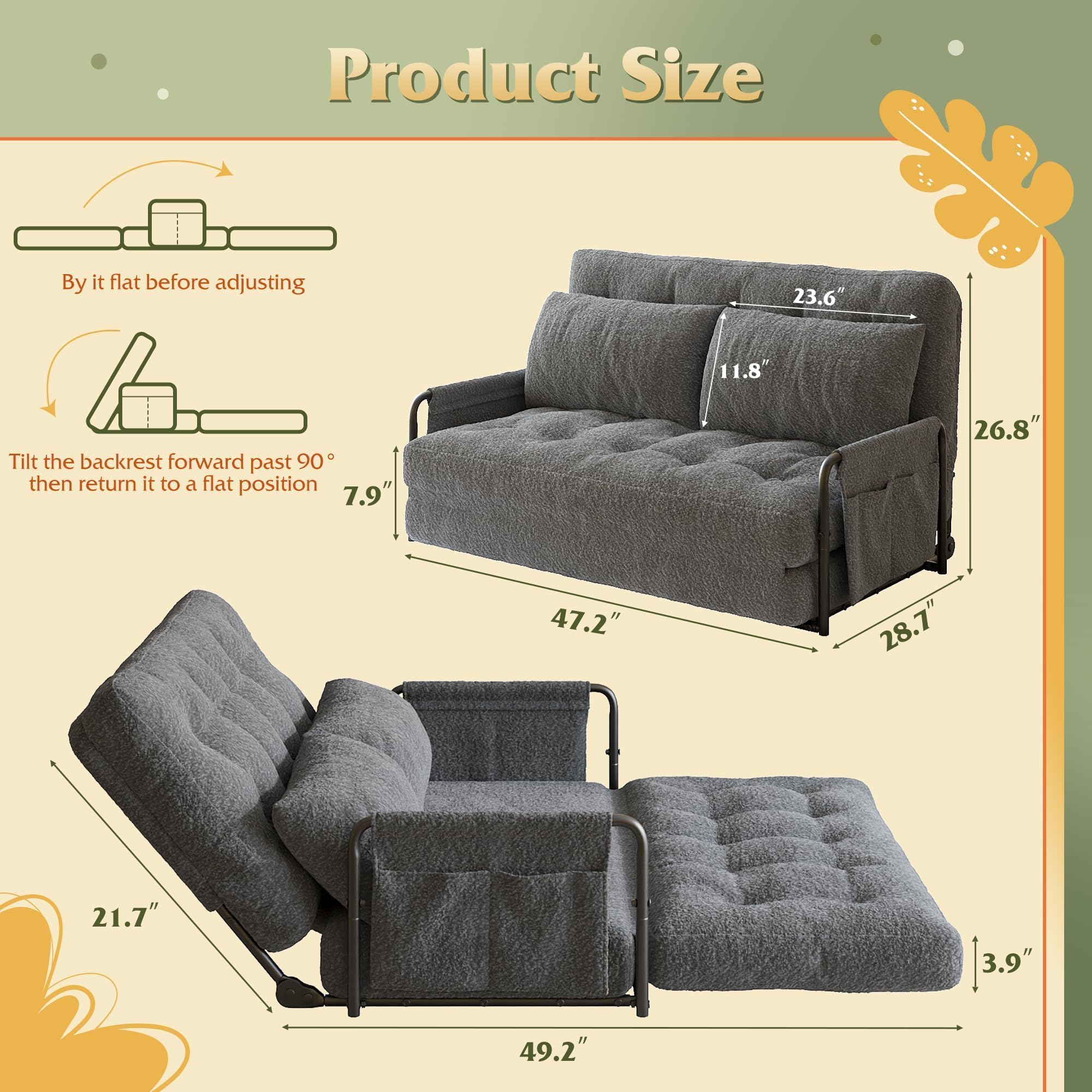WLIVE Futon Sofa Bed, Floor Chair with Adjustable Backrest, Bean Bag Bed for Adults, with Armrest, Pillow, Low Profile for Living Room, Reading, Bedroom, Loveseat, Grey