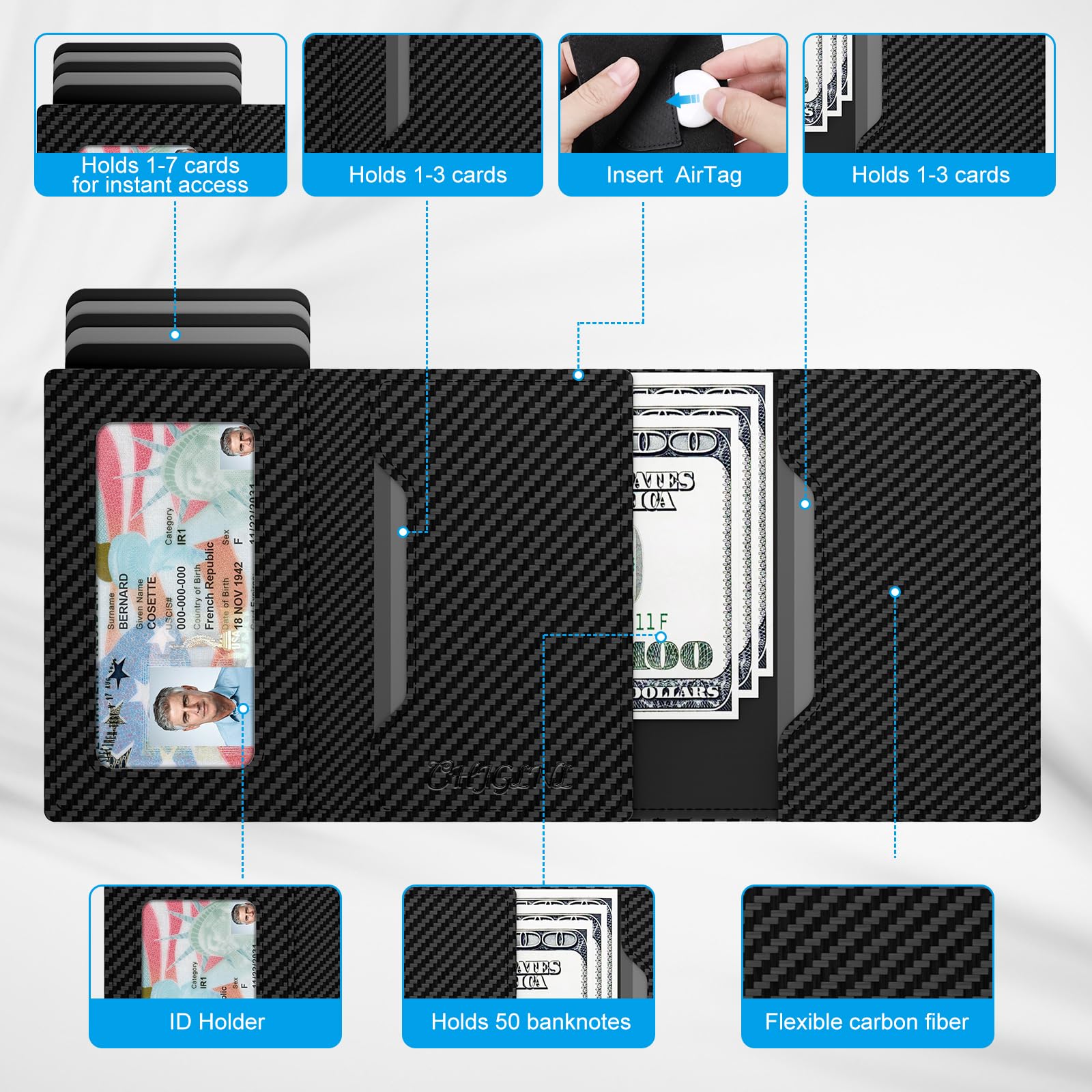 Porta Carte di Credito Uomo, Portafoglio AirTag Uomo Slim in Vera Pelle con Chiusura Magnetica, Portacarte Uomo Pop-Up Minimalista per 9-14 Tessere | Protezione RFID | Finestra ID | Slot per contanti
