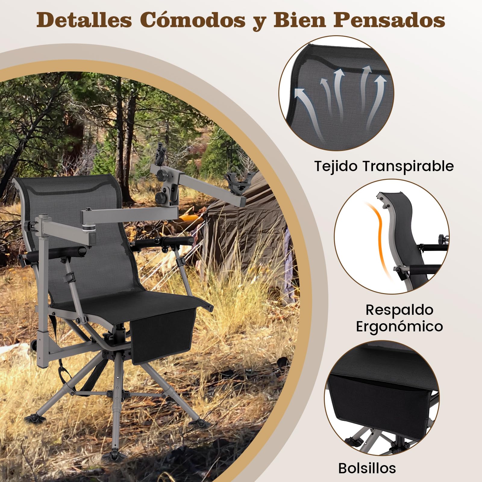 COSTWAY Silla de Caza Giratoria 360, Soporte para Arma, Patas y Reposabrazos Ajustables, Silla de Caza Plegable y Portátil con Correa para Hombro, Carga 150kg, 62 x 62 x 102 cm, Negro