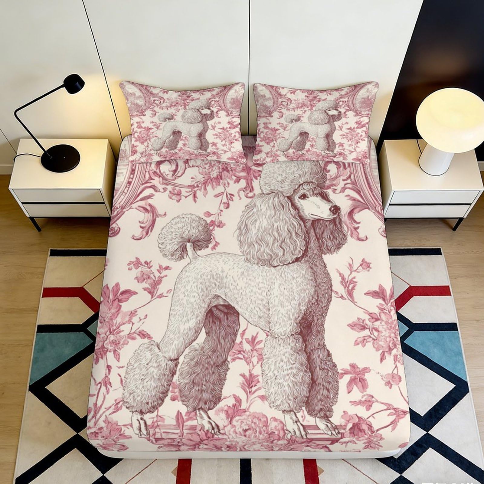 3D Printed Poodle Pattern Fitted Sheet Microfiber Soft Breathable Floral Design Bed Cover for Bedroom Dormitory Guest Room Mattress Protection 90x200x25cm