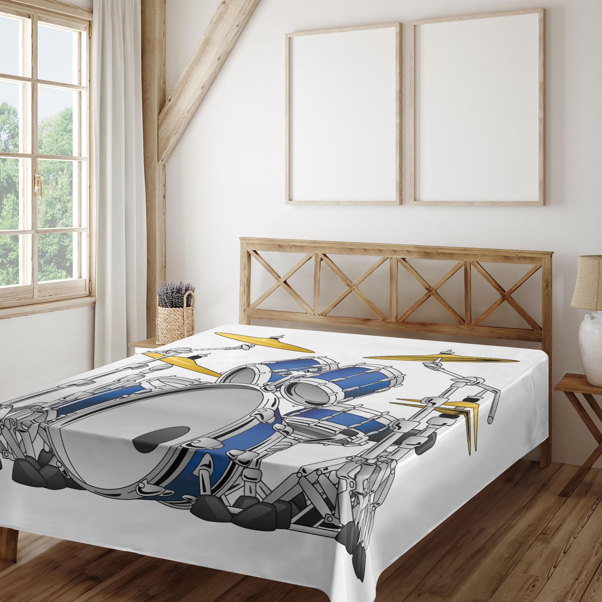 Ambesonne Drums Flat Sheet, Professional Percussion Instrument Rock Themed Musical Activities, Soft Comfortable Top Sheet Decorative Bedding 1 Piece, California King, Grey Blue
