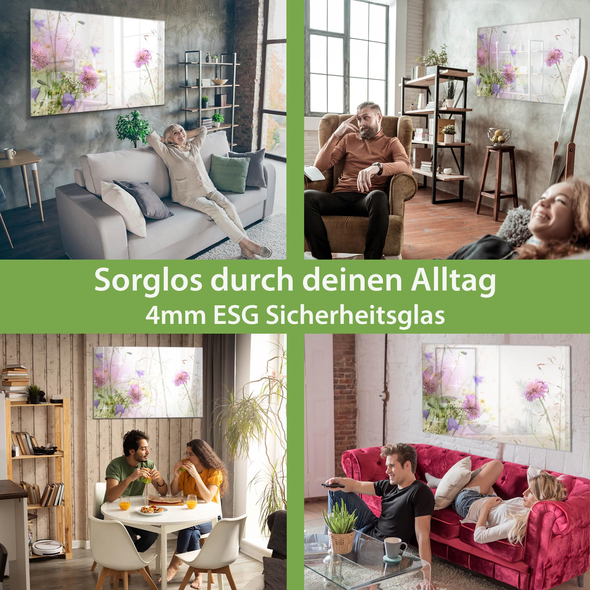 banjado Glas-Memoboard in 60x40cm mit Blumen- und Pflanzenmotiv | Beschreibbares Glasboard für Planung und Fotos, mit Motiv Glitzernde Wiese im floralen Stil