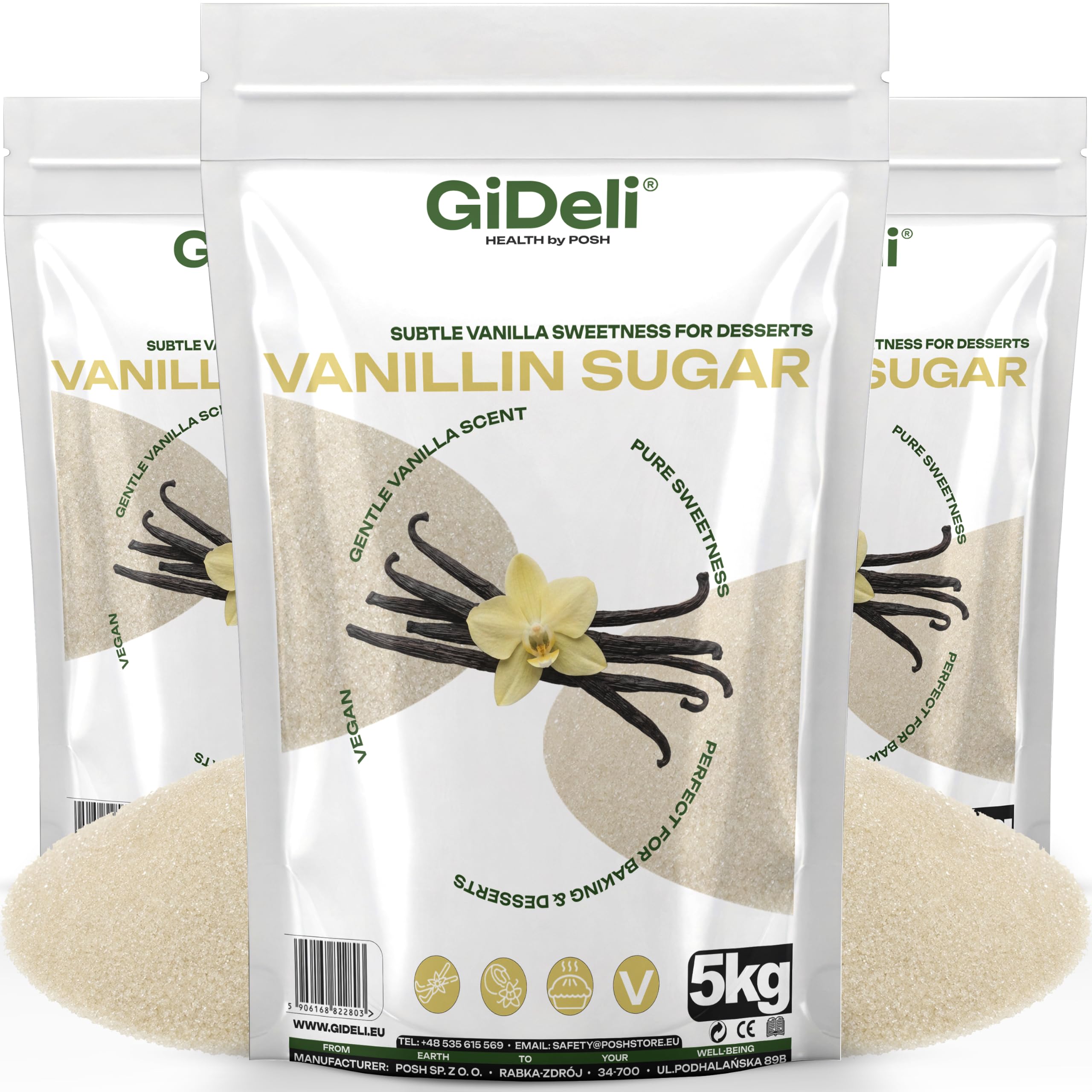 GiDeli Vanillinzucker 3x5kg - Feiner Vanillezucker zum Backen mit zartem Vanille Aroma - Vanillin Zucker für Kuchen, Plätzchen, Desserts, Sahne & Kaffee - Pure Süße - Vegan