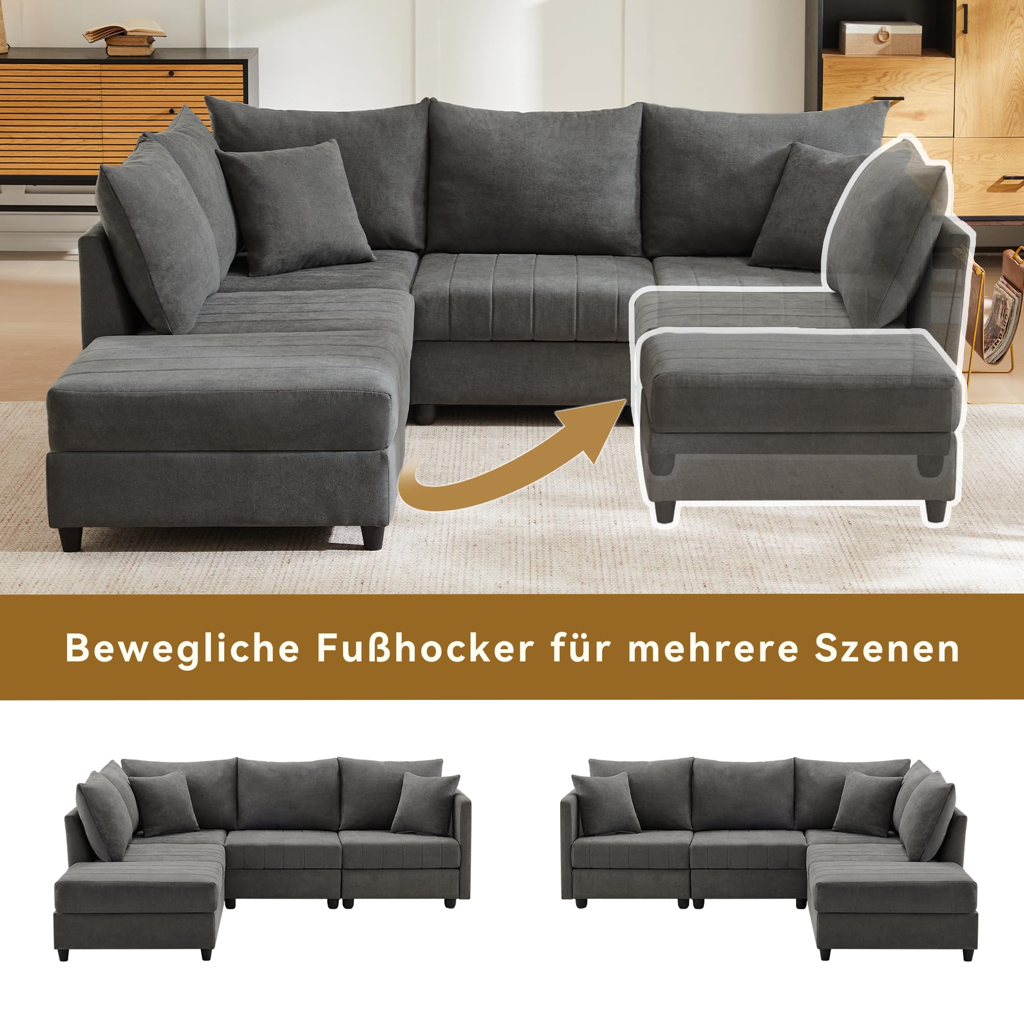 SACOOL Sofá esquinero moderno, sofá modular, sofá de 5 plazas con reposapiés convertible, en forma de L, en forma de U, adecuado para sala de estar, apartamento, etc.