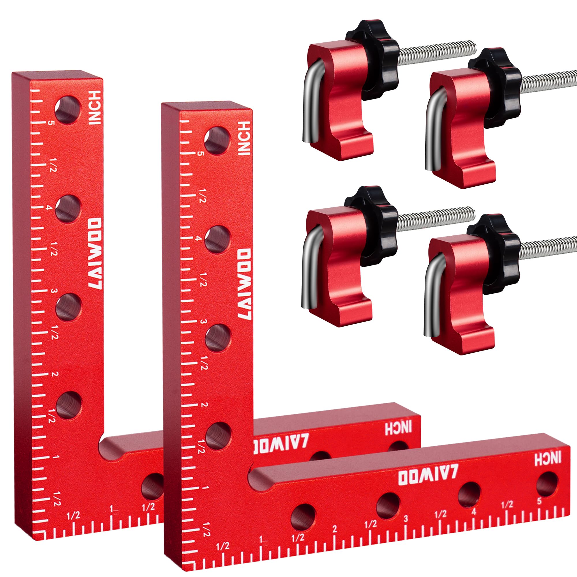 LAIWOO 90 Grad Winkel Klemme Positionierwinkel 140mm/5,5 Zoll, 4 Paare Befestigungsclips, Messwinkel Rechtwinklige Klemme für Zimmermannswerkzeug, Winkelspanner für Bilderrahmen Regalschränke (Rot)