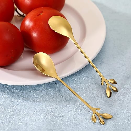 Miniatura 5 de Juego de 12 cucharas de café de acero inoxidable con hojas doradas, cucharas de postre, cucharas de té y azúcar, juego de cucharas para helado o