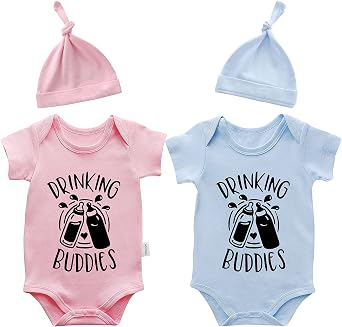 Baby Twins Bodysuits Drinking Buddies Baby Girl Romper Baby Boy Twin Outfit Hat Set