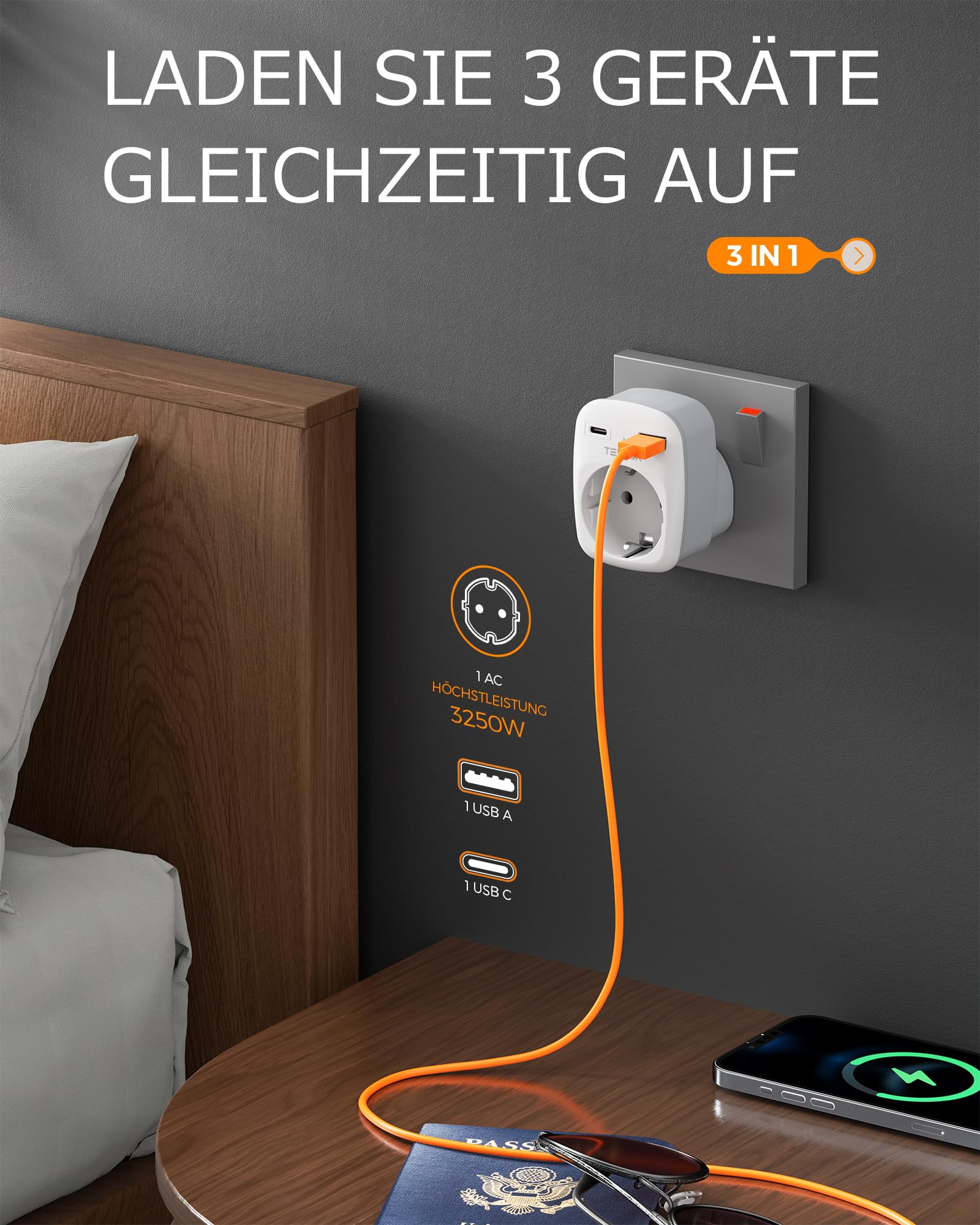 TESSAN 2 pak adapter podróżny UK adapter Anglia Niemcy wtyczka z 2 portami USB, adapter do gniazdka, wtyczka podróżna, adapter prądu do Irlandii Wielkiej Brytanii ładowarka ścienna, adapter gniazda | Adapter gniazda z USB C i USB A, 3250 W UK Adapter do I