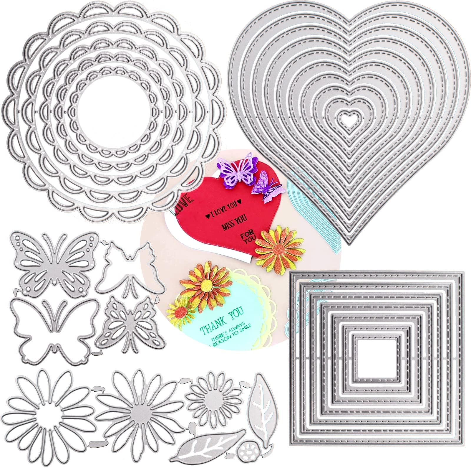 Daily Treasures 5 Set Cutting Dies Stencil, 32Pcs Metal Template Moulds Multi-Shape DIY Craft Embossing Tools for Album Scrapbooking Art Decor & Card Making(Heart/Square/Round Lace/Butterfly/Flower)