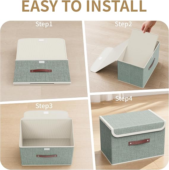4 Pack Foldable Fabric Storage Boxes with Lids and Handles, Collapsible Wardrobe Organizer & Closet Basket for Clothes, Books, Photos | 38x25x25 cm (Deep Green ko1)