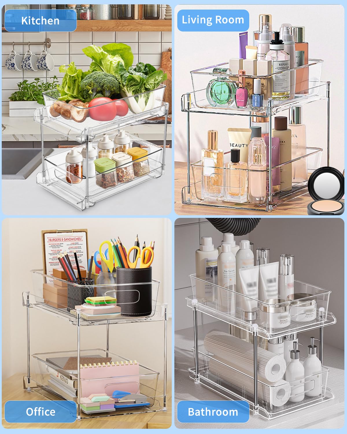 Organisateurs sous Évier 2 Niveaux, Lot de 2 Coulissant, Rangement et Organisation Polyvalente de Cuisine, Transparent